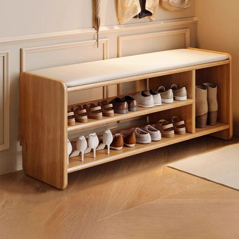 Massief Houten Schoenenbank met Kunstleren Zitkussen en Open Schoenenrek | Minimalistische Halbank met Afgeronde Hoeken voor Hal en Woonkamer
