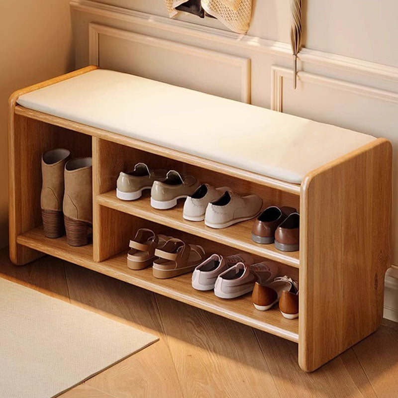 Massief Houten Schoenenbank met Kunstleren Zitkussen en Open Schoenenrek | Minimalistische Halbank met Afgeronde Hoeken voor Hal en Woonkamer