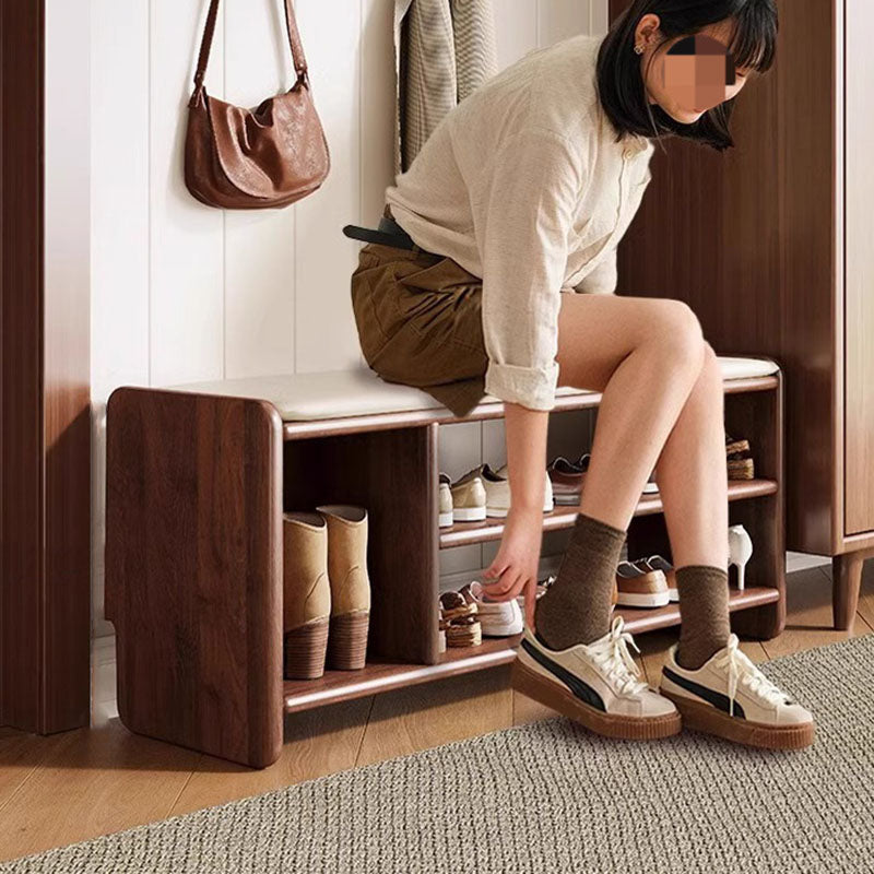Massief Houten Schoenenbank met Kunstleren Zitkussen en Open Schoenenrek | Minimalistische Halbank met Afgeronde Hoeken voor Hal en Woonkamer