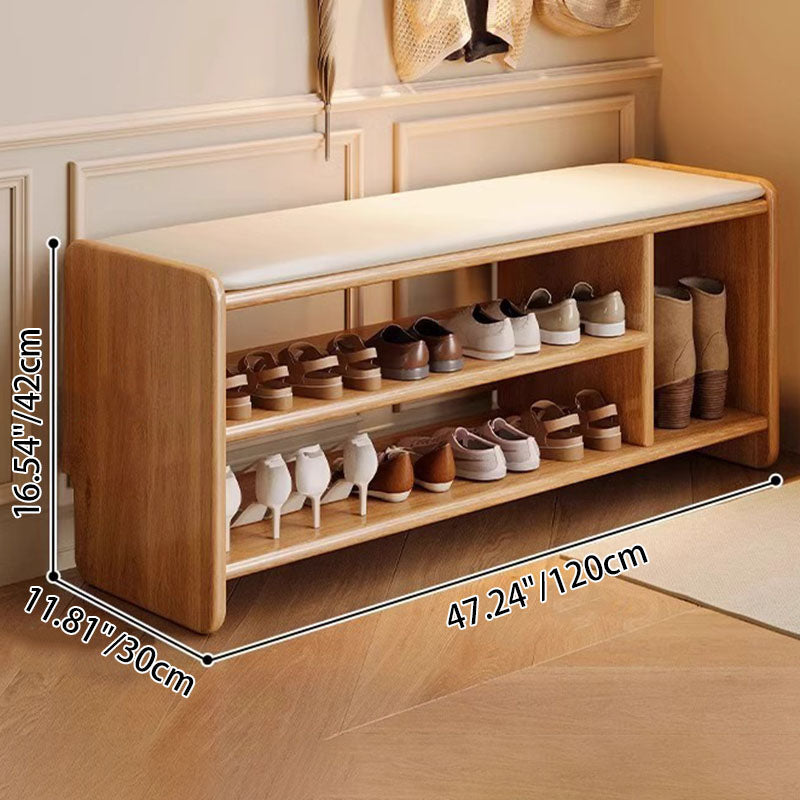 Massief Houten Schoenenbank met Kunstleren Zitkussen en Open Schoenenrek | Minimalistische Halbank met Afgeronde Hoeken voor Hal en Woonkamer