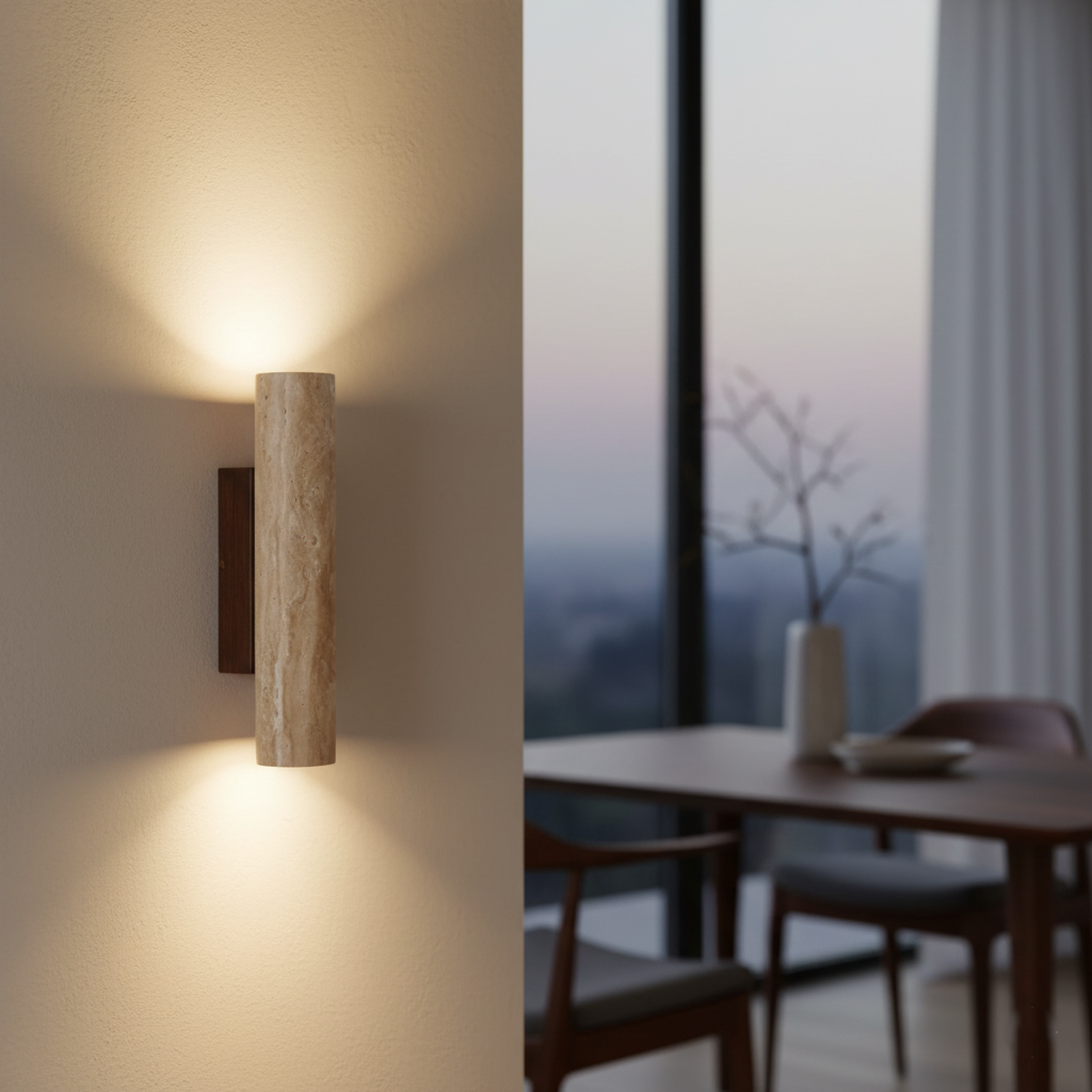 Japandi Travertijn Wandlamp LED met Licht naar Boven en Beneden Natuursteen Wandverlichting met Warme Gloed voor Hal | Slaapkamer en Woonkamer