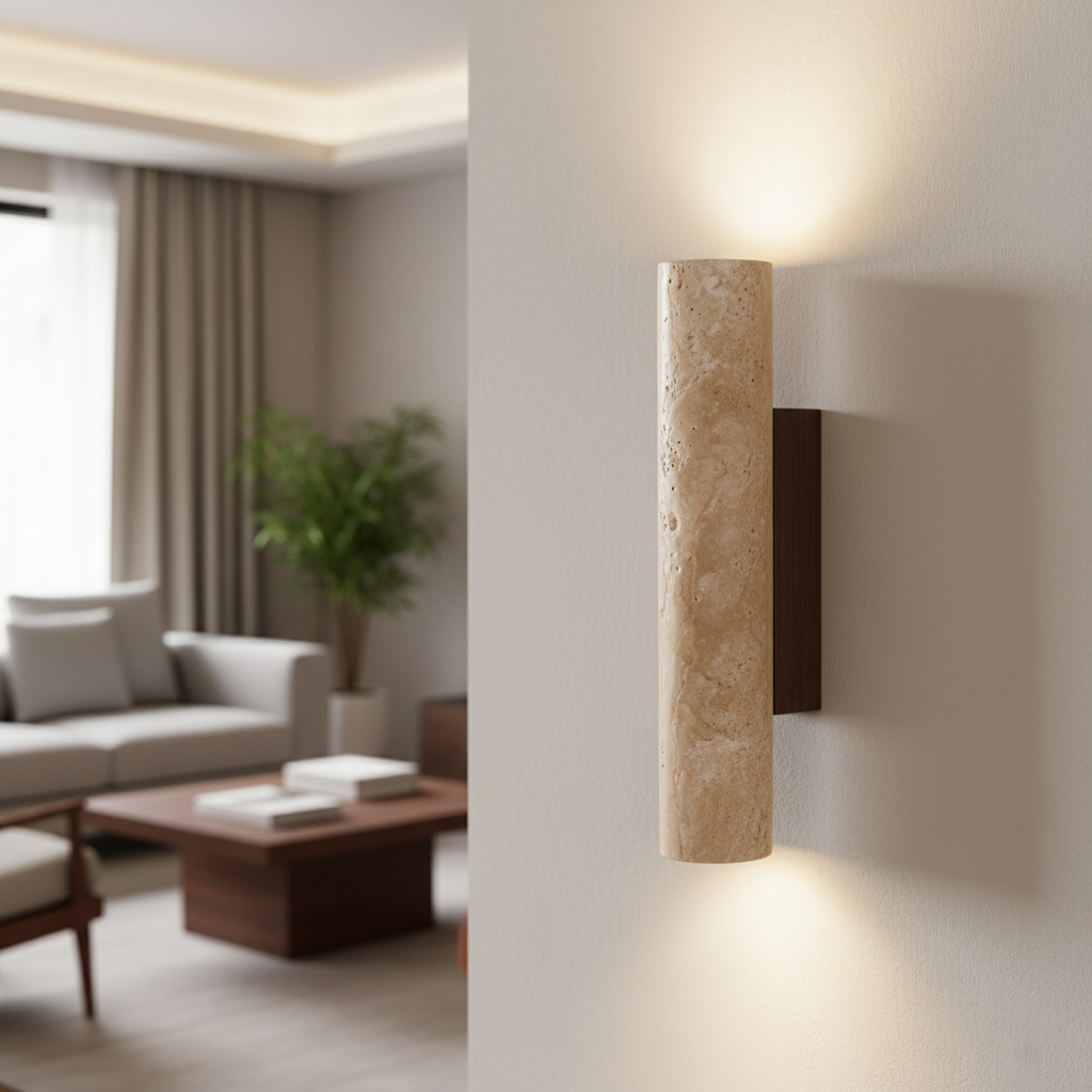 Japandi Travertijn Wandlamp LED met Licht naar Boven en Beneden Natuursteen Wandverlichting met Warme Gloed voor Hal | Slaapkamer en Woonkamer