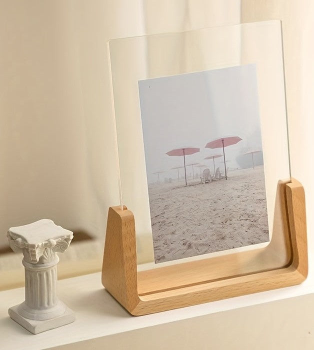 Acryl Fotolijst met Houten Voet Staande Fotolijst in U-vorm Moderne Fotohouder voor Foto of Kaart voor Bureau | Kast en Nachtkastje