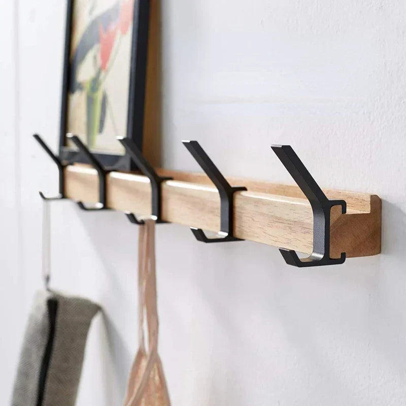 Wandkapstok met Verschuifbare Dubbele Haken | Scandinavische Houten Kapstok van Rubberhout en Aluminium voor Hal en Slaapkamer