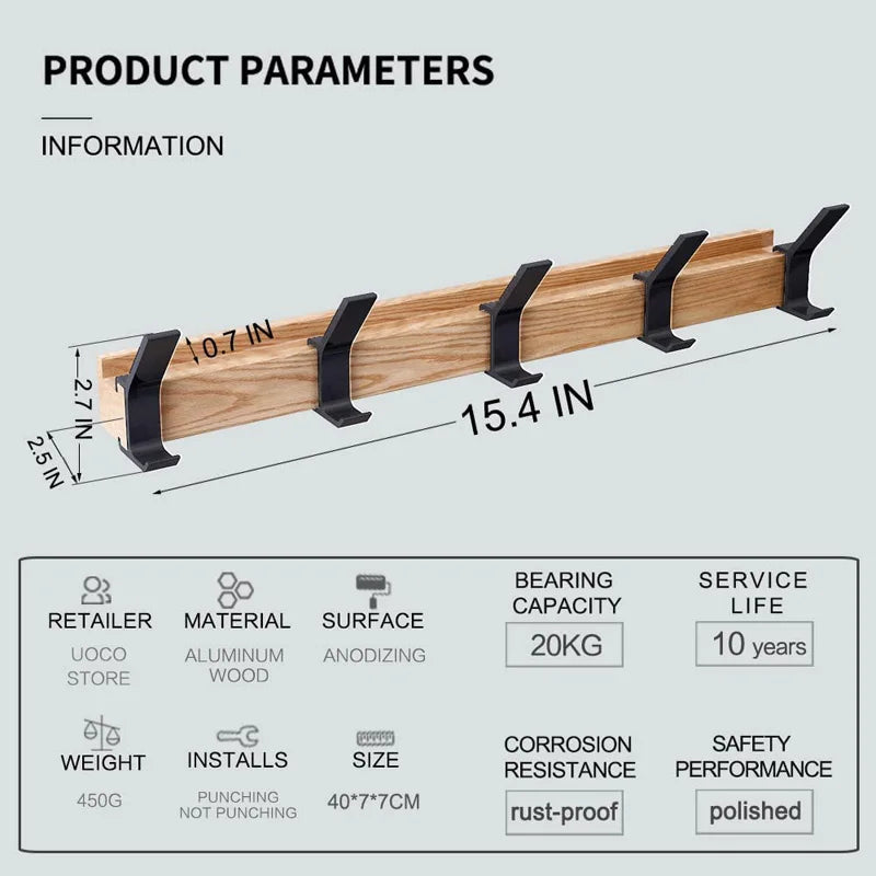 Wandkapstok met Verschuifbare Dubbele Haken | Scandinavische Houten Kapstok van Rubberhout en Aluminium voor Hal en Slaapkamer