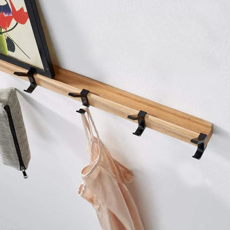 Wandkapstok met Verschuifbare Dubbele Haken | Scandinavische Houten Kapstok van Rubberhout en Aluminium voor Hal en Slaapkamer