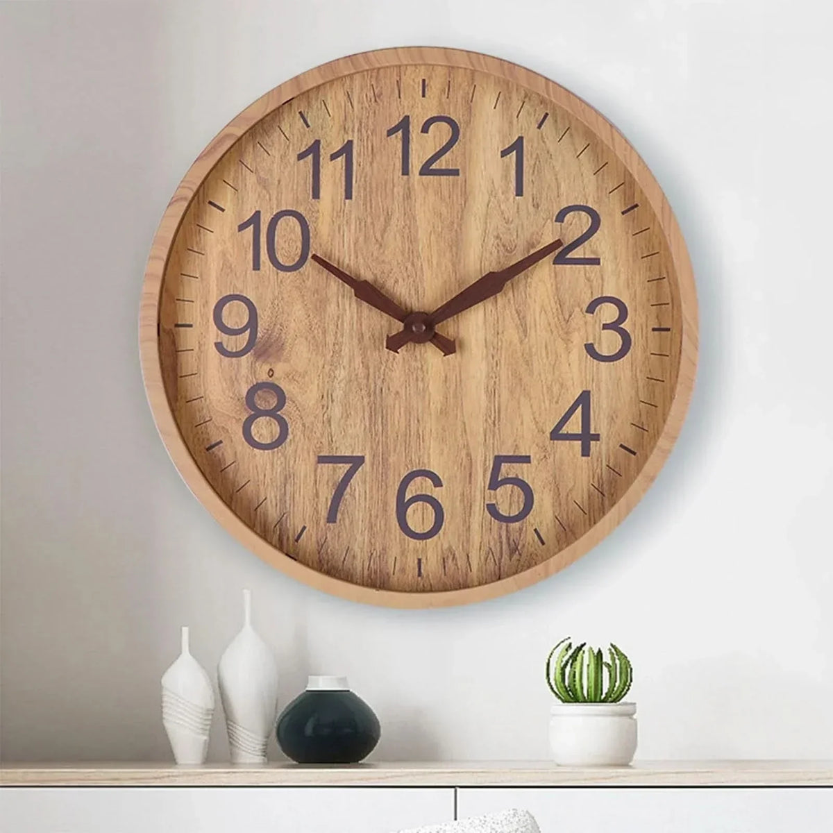 Houten Wandklok Stil Uurwerk Ronde Klok met Grote Cijfers Minimalistisch Design voor Woonkamer | Keuken en Slaapkamer