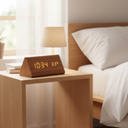 Houten LED Wekker met Geluidsbediening Digitale Tafelklok met Instelbare Helderheid op USB of Batterij voor Nachtkastje | Bureau en Woonkamer