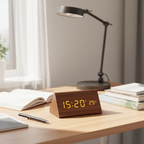 Houten LED Wekker met Geluidsbediening Digitale Tafelklok met Instelbare Helderheid op USB of Batterij voor Nachtkastje | Bureau en Woonkamer