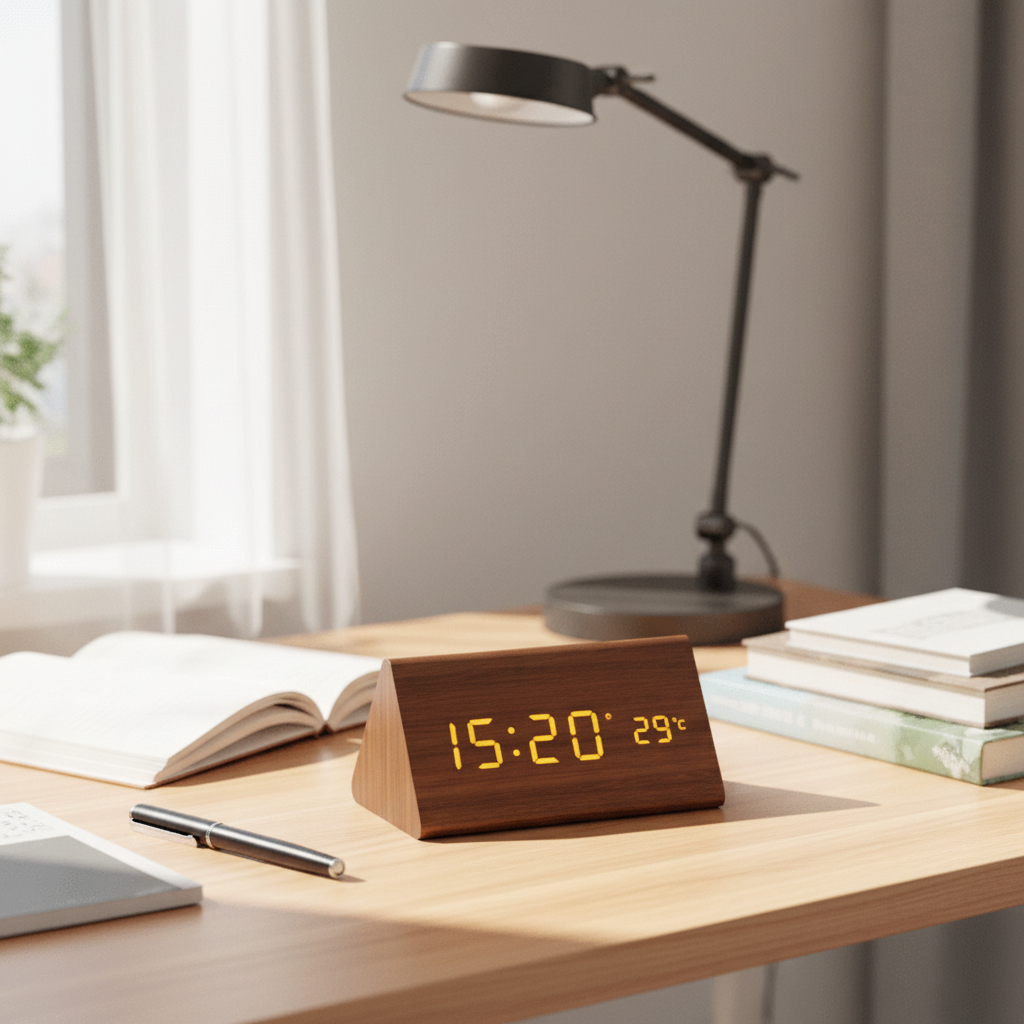Houten LED Wekker met Geluidsbediening Digitale Tafelklok met Instelbare Helderheid op USB of Batterij voor Nachtkastje | Bureau en Woonkamer