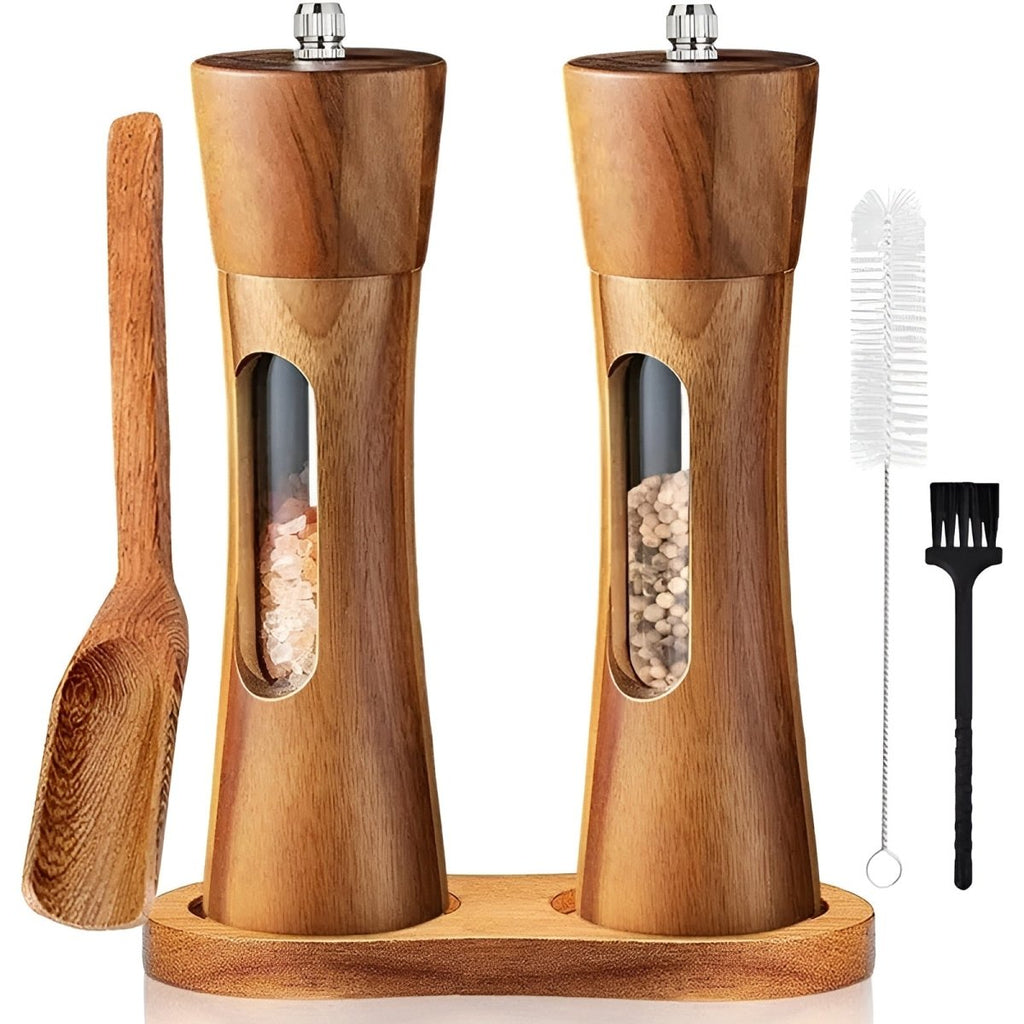 Houten Peper- en Zoutmolen met Kijkvenster | Verstelbare Kruidenmolen met Keramisch en Stalen Maalwerk voor Keuken en Eettafel