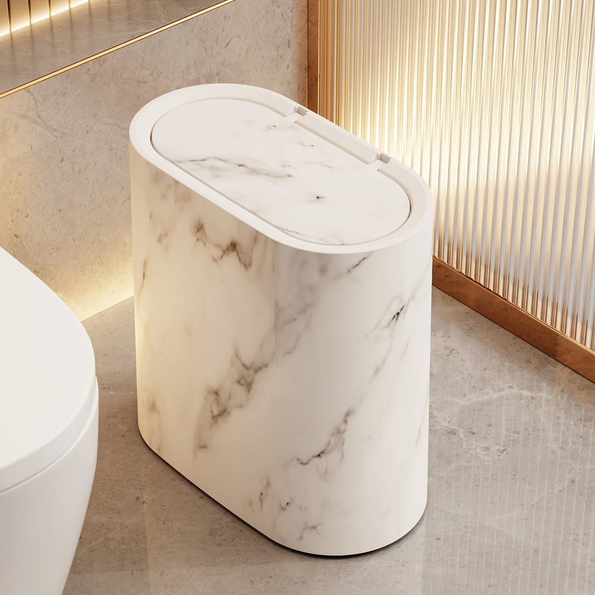 Smalle Ovale Prullenbak met Deksel Moderne Afvalbak met Decoratieve Print Ruimtebesparend voor Badkamer | Toilet | Slaapkamer en Kantoor