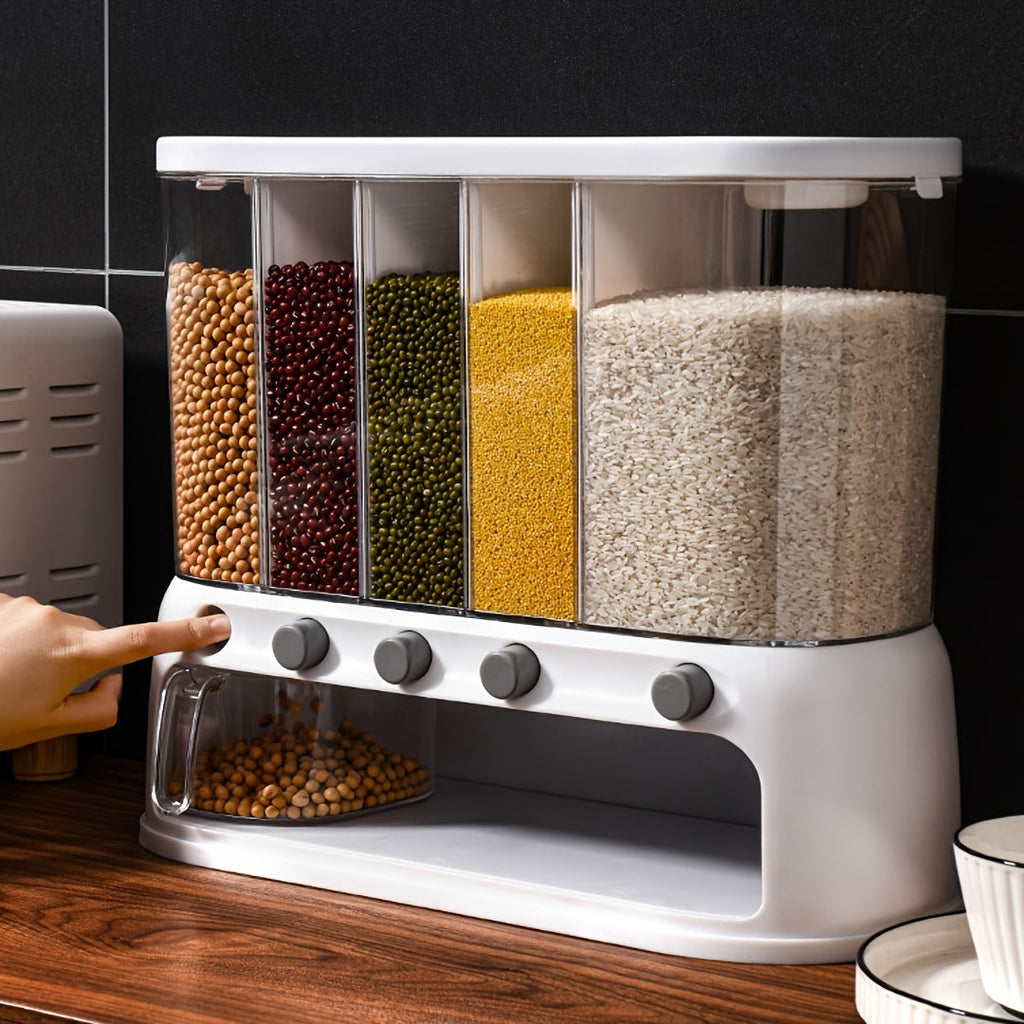 Voedseldispenser met Vakken en Doseerknop Luchtdichte Voorraadbus voor Rijst | Granen | Pasta en Peulvruchten voor Keuken en Voorraadkast