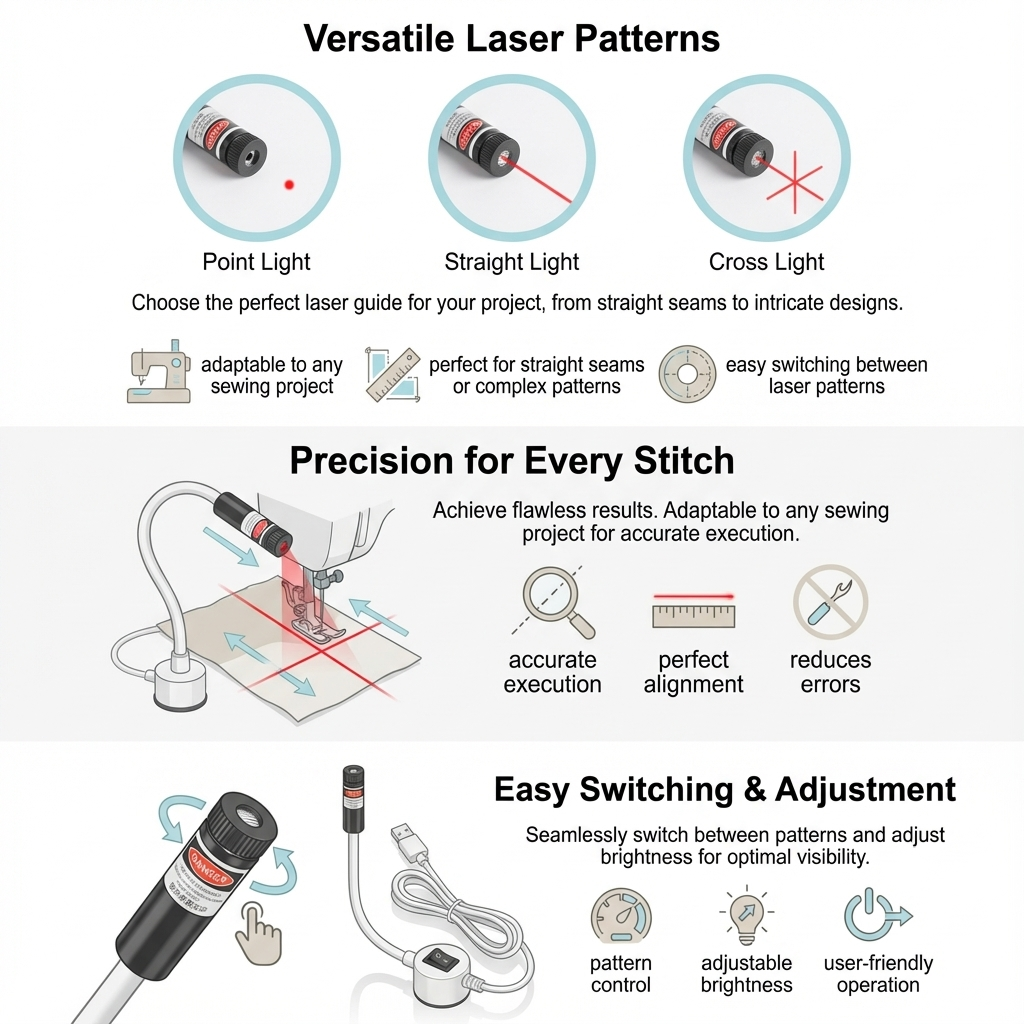 Magnetisch Laserlicht voor Naaimachine | Laser Naaigeleider voor Quilten en Rechte Naden met Flexibele Arm en USB Voeding