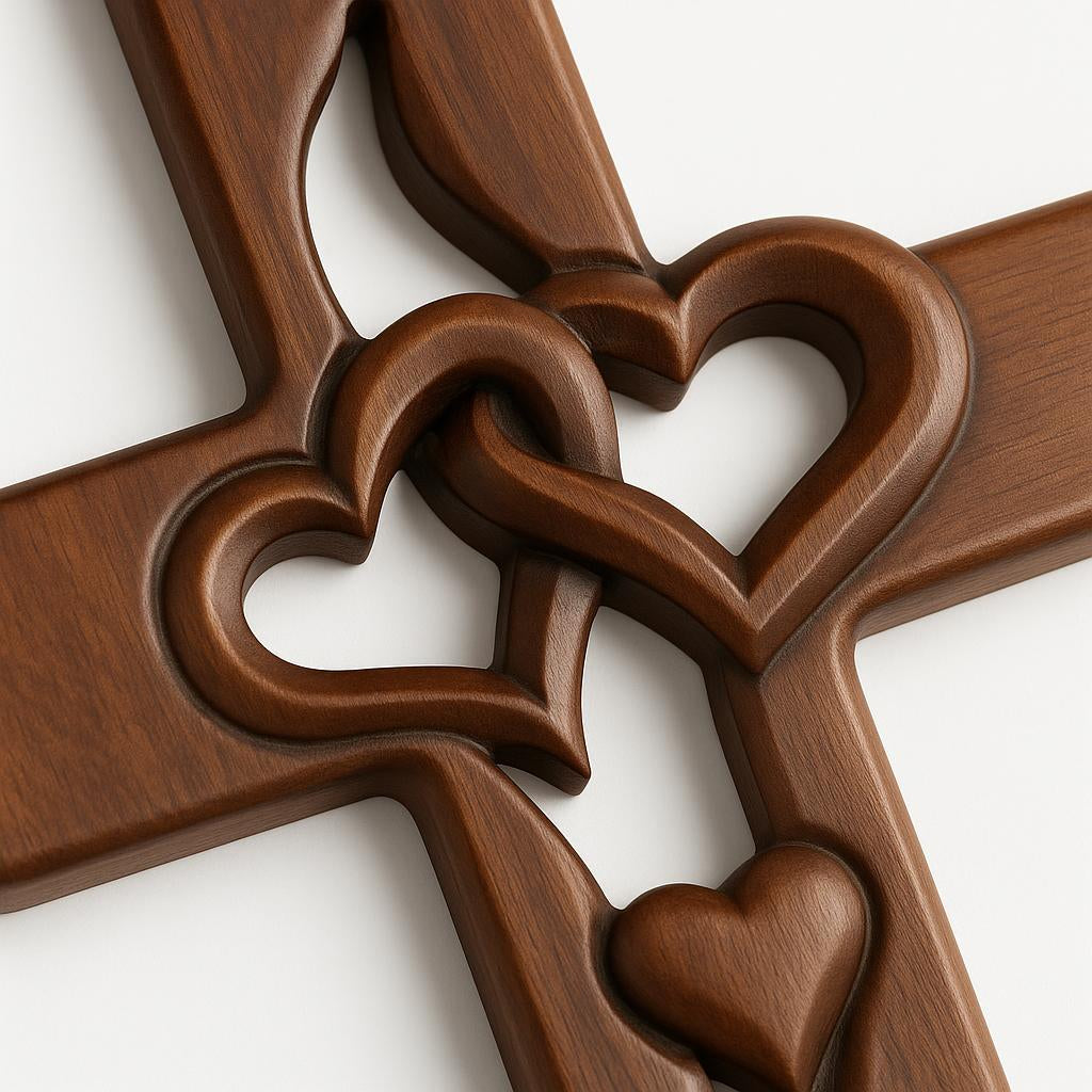 Houten Wandkruis met Verstrengelde Harten | Gesneden Wanddecoratie en Christelijk Kruis voor Hal | Slaapkamer en Woonkamer