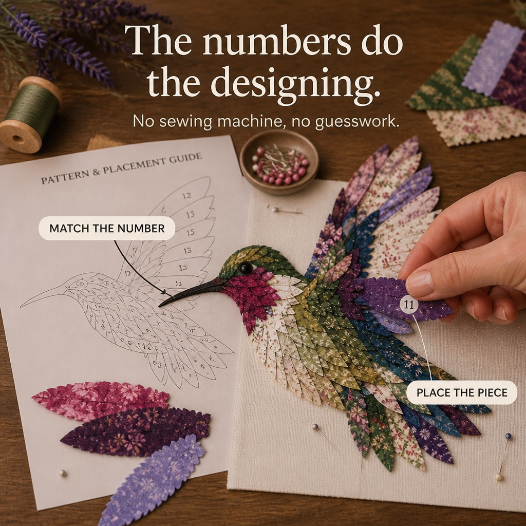 Patchwork Knutselpakket Vogel | Gelaagde Stoffen Decoratievogel Maken zonder Naaien met Voorgesneden Genummerde Stofjes en Handleiding