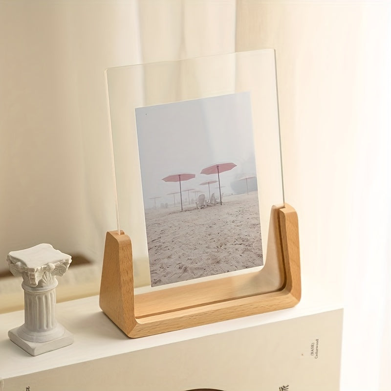 Acryl Fotolijst met Houten Voet Staande Fotolijst in U-vorm Moderne Fotohouder voor Foto of Kaart voor Bureau | Kast en Nachtkastje