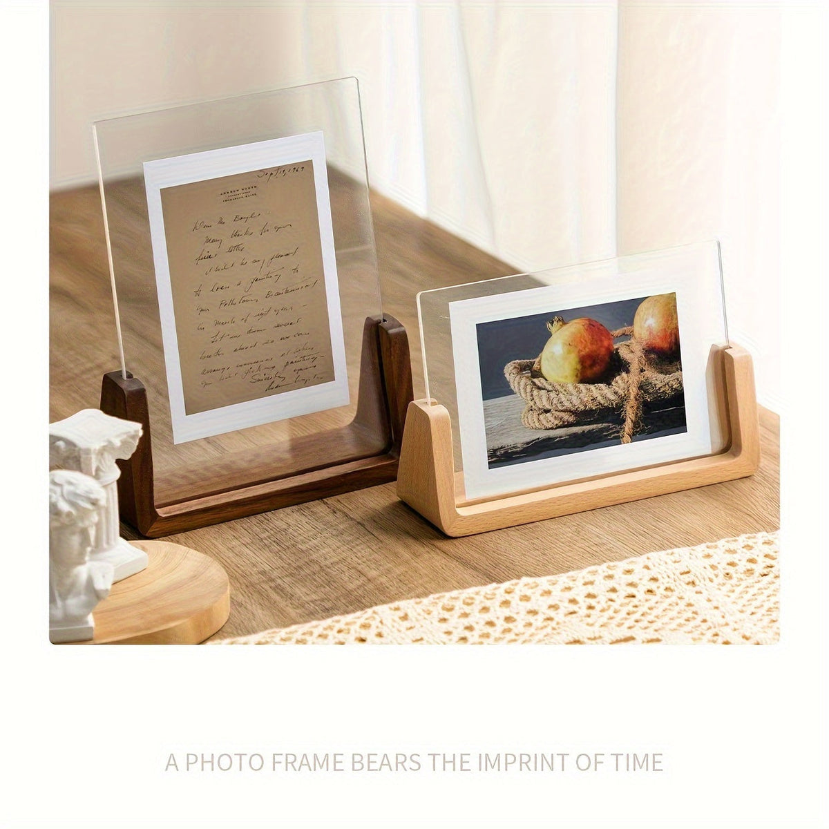 Acryl Fotolijst met Houten Voet Staande Fotolijst in U-vorm Moderne Fotohouder voor Foto of Kaart voor Bureau | Kast en Nachtkastje