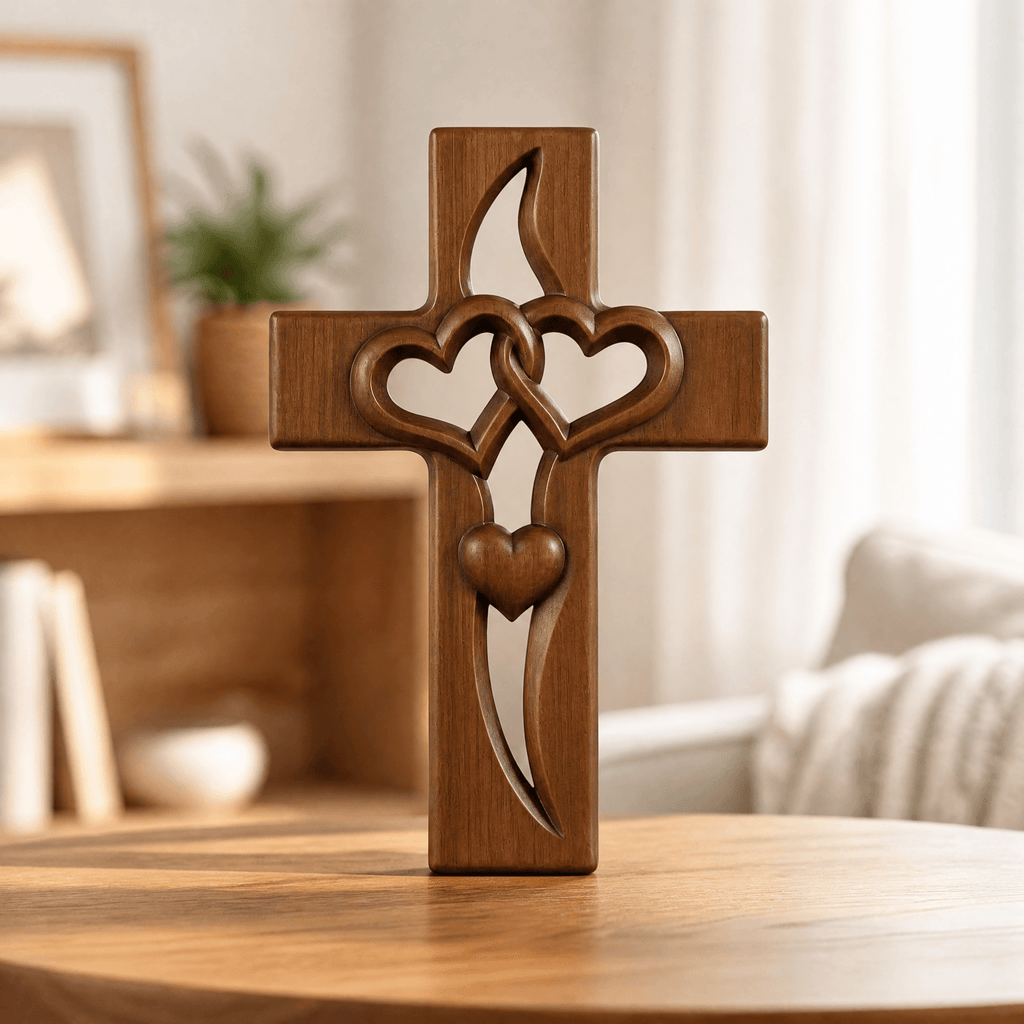 Houten Wandkruis met Verstrengelde Harten | Gesneden Wanddecoratie en Christelijk Kruis voor Hal | Slaapkamer en Woonkamer