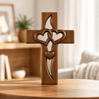 Houten Wandkruis met Verstrengelde Harten | Gesneden Wanddecoratie en Christelijk Kruis voor Hal | Slaapkamer en Woonkamer