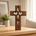 Houten Wandkruis met Verstrengelde Harten | Gesneden Wanddecoratie en Christelijk Kruis voor Hal | Slaapkamer en Woonkamer