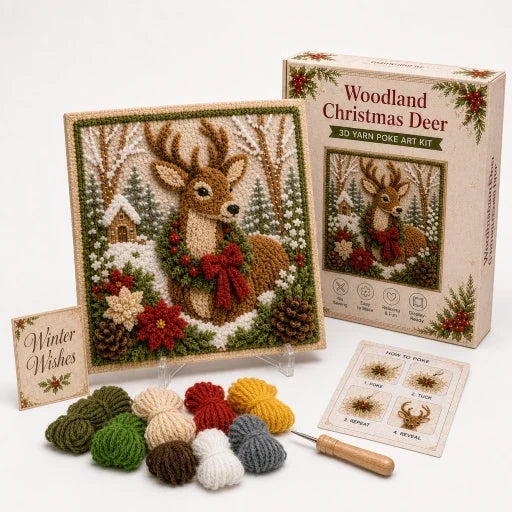 Kerst Knutselpakket voor Garenkunst in Reliëf | Voorgeperforeerd Bord met Garen en Houten Prikpen | Kerstdecoratie Zelf Maken Zonder Naaien