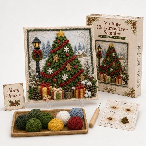 Kerst Knutselpakket voor Garenkunst in Reliëf | Voorgeperforeerd Bord met Garen en Houten Prikpen | Kerstdecoratie Zelf Maken Zonder Naaien