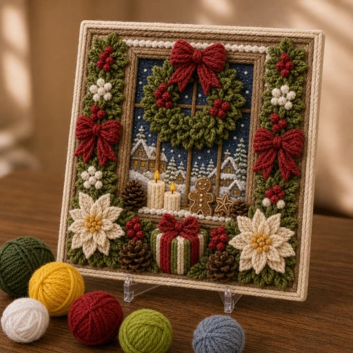 Kerst Knutselpakket voor Garenkunst in Reliëf | Voorgeperforeerd Bord met Garen en Houten Prikpen | Kerstdecoratie Zelf Maken Zonder Naaien