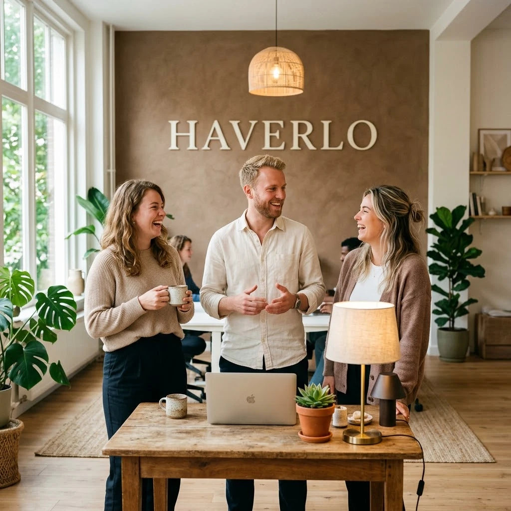 Het Haverlo-team lacht samen in het kantoor