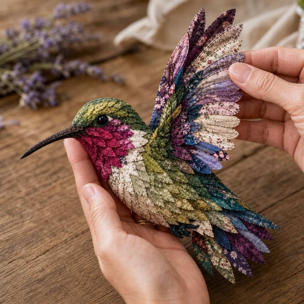 Patchwork Knutselpakket Vogel | Gelaagde Stoffen Decoratievogel Maken zonder Naaien met Voorgesneden Genummerde Stofjes en Handleiding