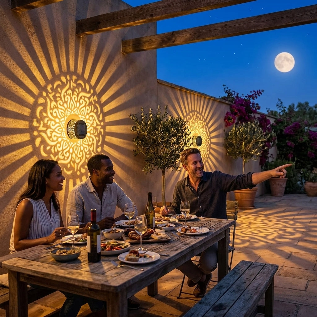 Solar Projectorlamp met Mandala Patroon | Metalen Tuinlamp op Zonne-energie met Schemersensor voor Terras | Muur en Tuintafel