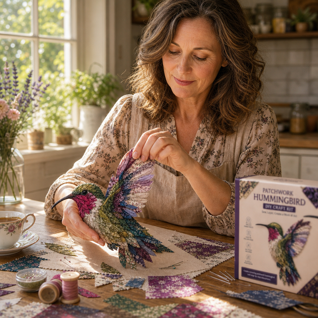 Patchwork Knutselpakket Vogel | Gelaagde Stoffen Decoratievogel Maken zonder Naaien met Voorgesneden Genummerde Stofjes en Handleiding
