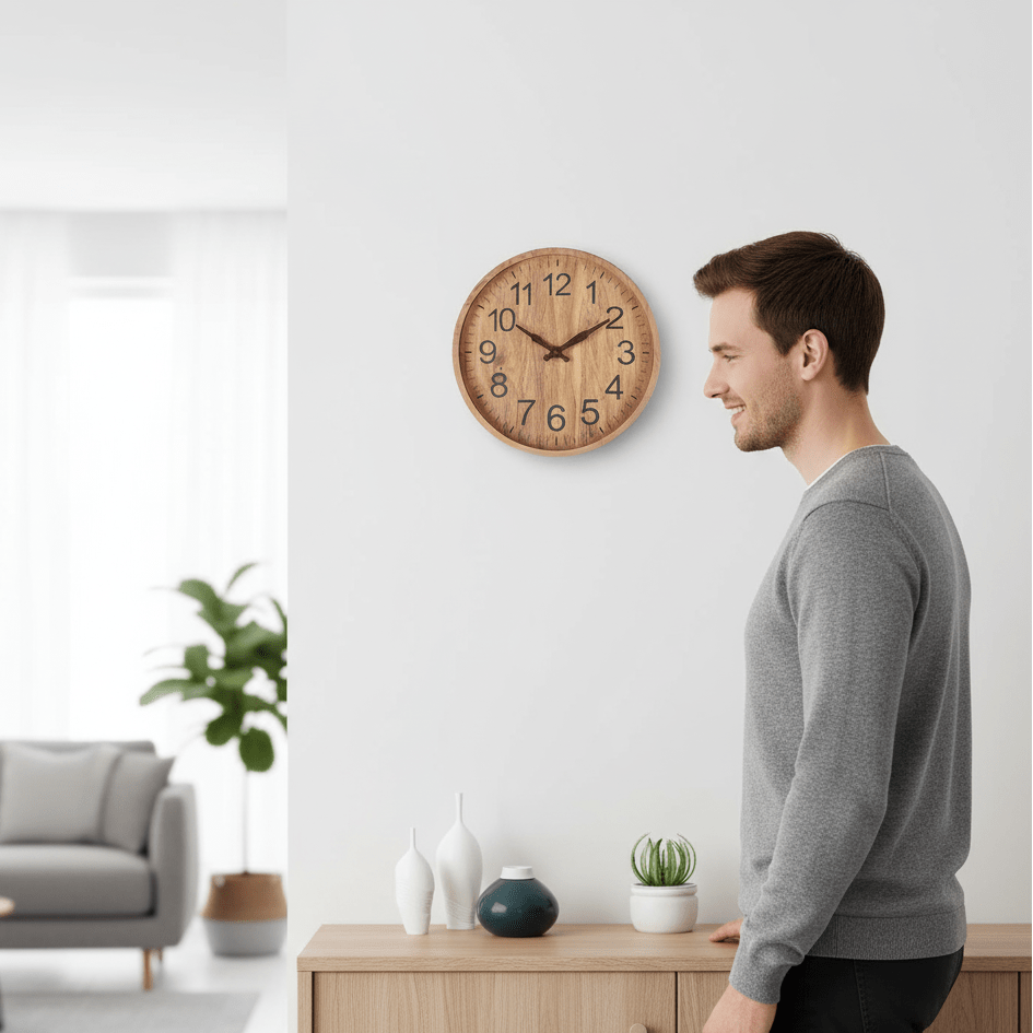 Houten Wandklok Stil Uurwerk Ronde Klok met Grote Cijfers Minimalistisch Design voor Woonkamer | Keuken en Slaapkamer