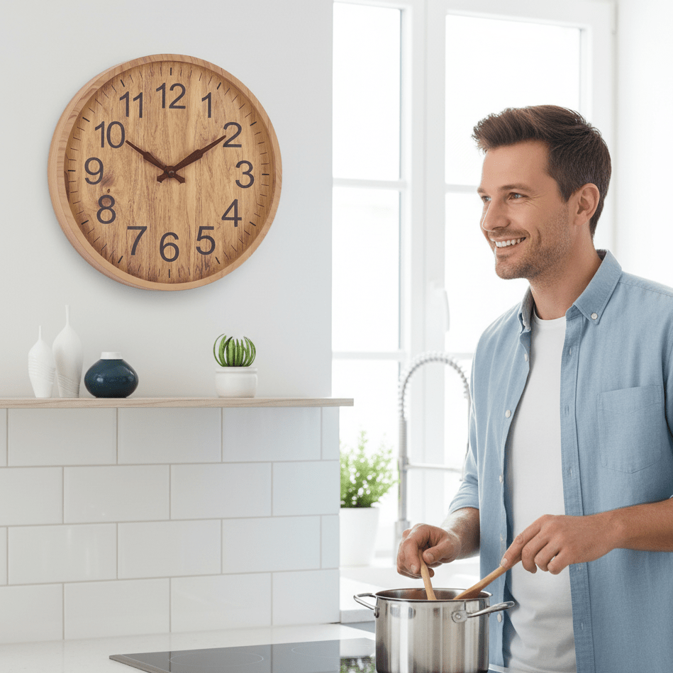 Houten Wandklok Stil Uurwerk Ronde Klok met Grote Cijfers Minimalistisch Design voor Woonkamer | Keuken en Slaapkamer