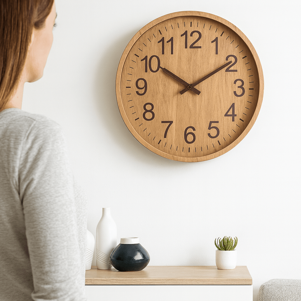 Houten Wandklok Stil Uurwerk Ronde Klok met Grote Cijfers Minimalistisch Design voor Woonkamer | Keuken en Slaapkamer