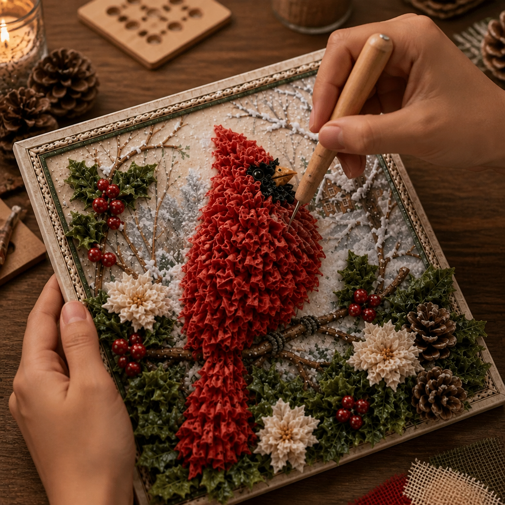 Kerst Knutselpakket voor Garenkunst in Reliëf | Voorgeperforeerd Bord met Garen en Houten Prikpen | Kerstdecoratie Zelf Maken Zonder Naaien
