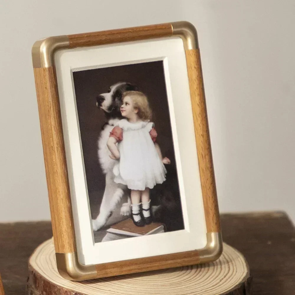 Houten Fotolijst met Metalen Hoeken Vintage Staande Fotolijst van Massief Hout Staand of Liggend te Plaatsen voor Bureau | Kast en Nachtkastje