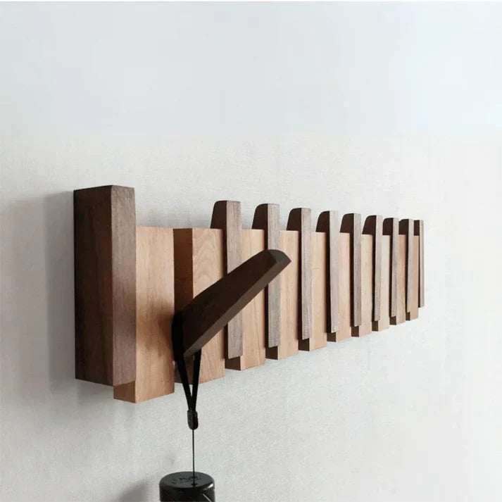 Houten Wandkapstok met Uitklapbare Haken in Pianotoetsen Design Kapstok voor aan de Muur te Plakken of te Schroeven voor Hal | Slaapkamer en Entree