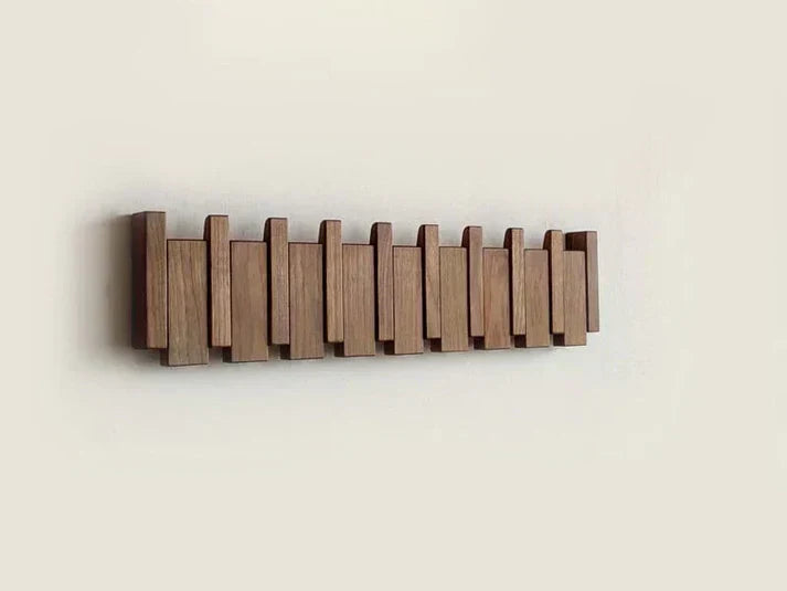 Houten Wandkapstok met Uitklapbare Haken in Pianotoetsen Design Kapstok voor aan de Muur te Plakken of te Schroeven voor Hal | Slaapkamer en Entree